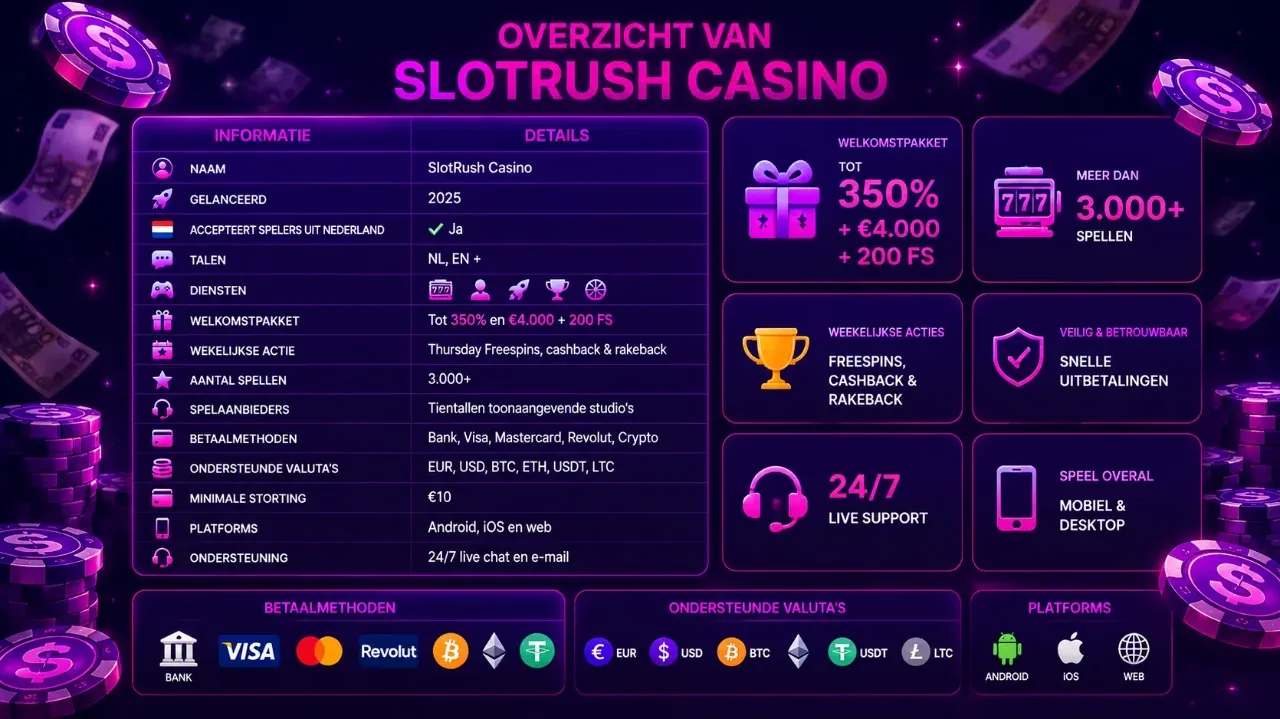 Overzichtstabel met SlotRush casino kenmerken en details